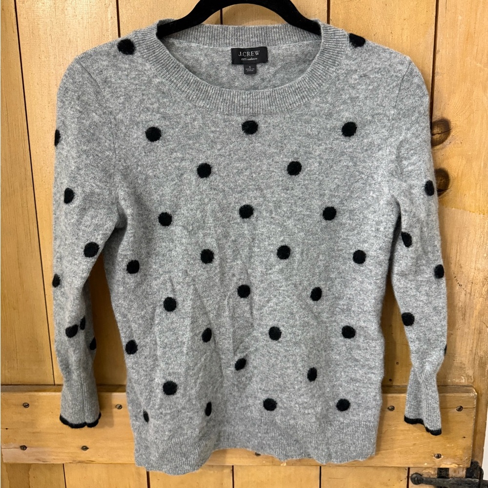 J. Crew Gray Cashmere Sweater with Black Polka Dots